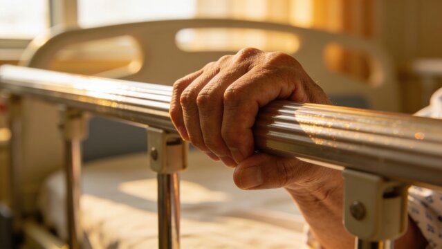 Elderly hand gripping hospital bed rail, symbolizing care and recovery
