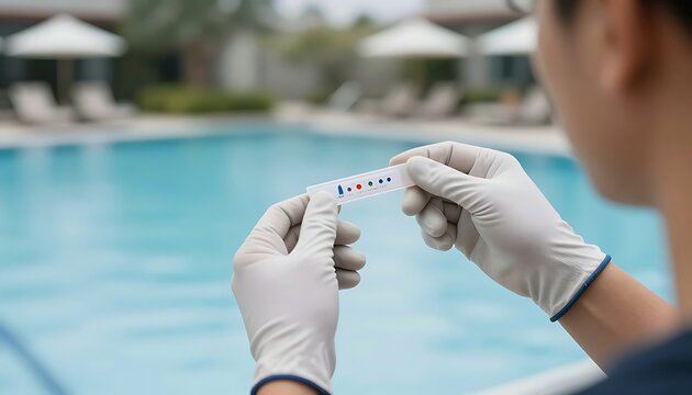 A person wearing white gloves holds a pool water test strip with colored dots, checking water chemistry outdoors.