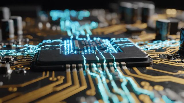 Macro shot of a high tech circuit board with glowing pulses of light moving through gold paths symbolizing machine learning and automation