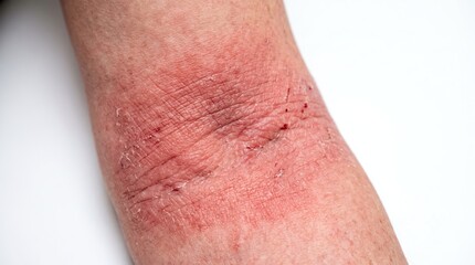 Fototapeta premium Severe Atopic Dermatitis Erythema and Skin Fissures on Inner Elbow Flexure Close Up