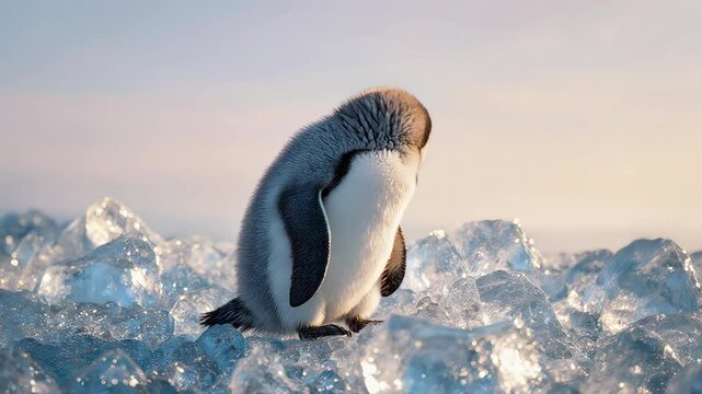 Baby penguin standing on sparkling ice crystals