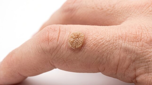 Common Verruca Vulgaris Viral Wart on Human Finger Close Up View
