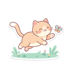 Naklejka premium cute cartoon kitten playing with butterfly digital illustration