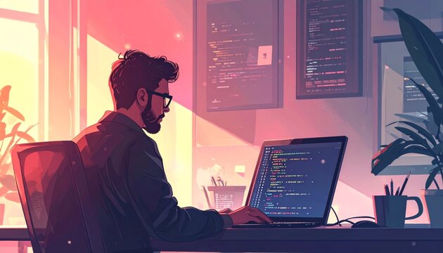 Professional software engineer writing code on laptop in modern workspace office during sunset