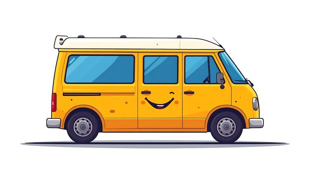 Bright yellow school bus with smiling face on front.