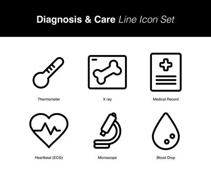 Diagnosis & Care Line Icon Set, Editable Stroke Healthcare Outline Vector Icons