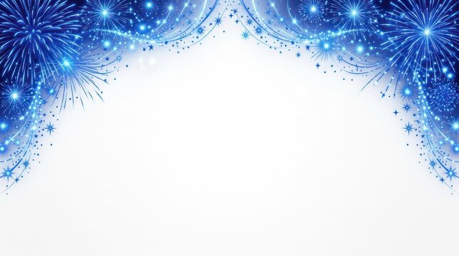 Blue fireworks against a white background with a starry border.