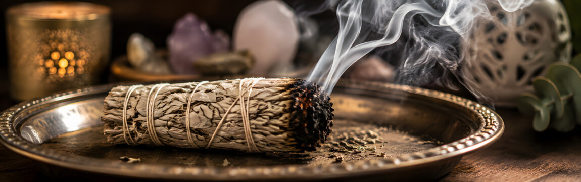 Sage smudging ritual with smoke and crystals