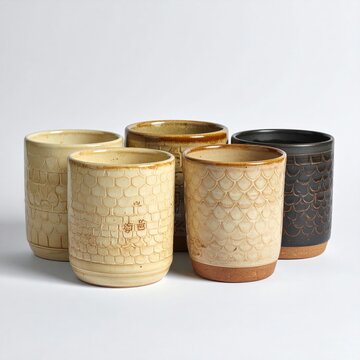 Five unique textured ceramic cups arranged on a white background