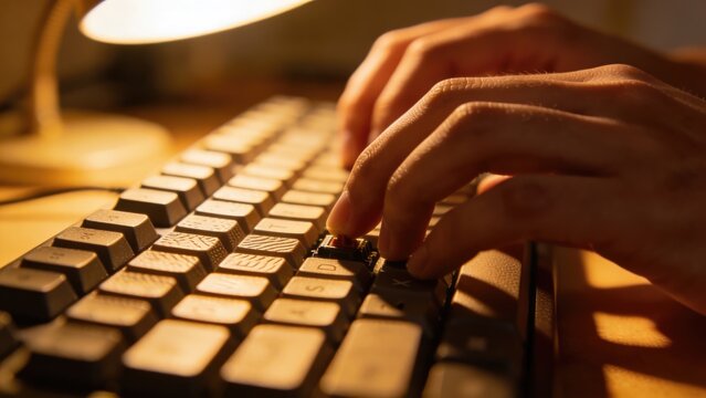 Close-up on hands typing on a keyboard under warm desk lamp light.