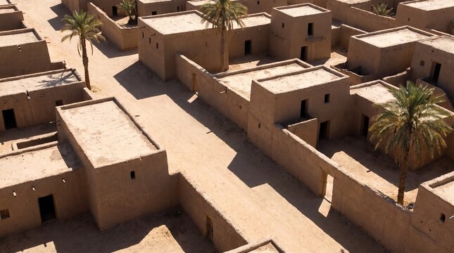 Aerial view of a traditional mud brick desert village with palm trees