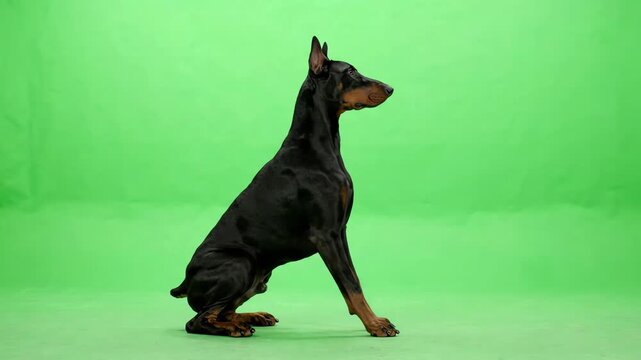Majestic black Doberman Pinscher walking into frame and sitting down against a bright green screen background for easy chroma keying