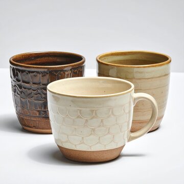 Three handcrafted ceramic mugs with distinct textures and earthy tones