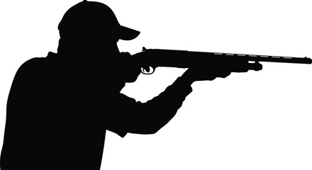Silhouette of person with cap aiming rifle or shotgun representing hunting, shooting sports, and firearm safety concepts © Mr Ashik02