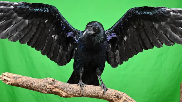 Majestic black raven flapping wings and turning its head while perched on a branch against a solid green screen background