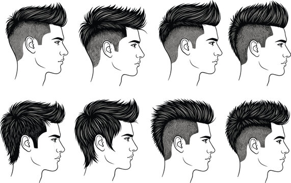 Side‑profile silhouettes of male heads with modern hairstyles including fades, spiked, and layered cuts for grooming and fashion design