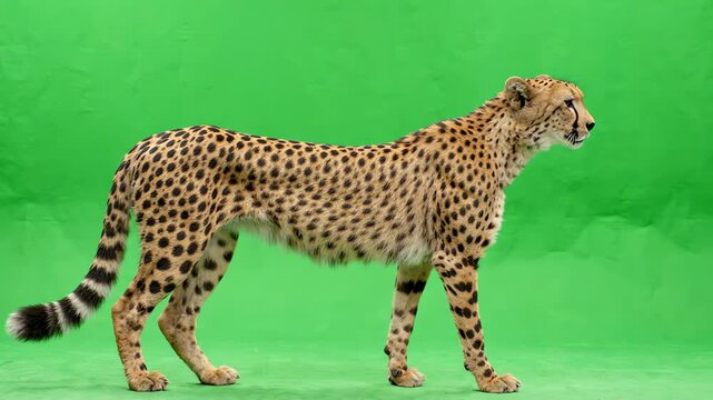 Majestic cheetah walking slowly across a bright green screen background for easy keying and professional video production