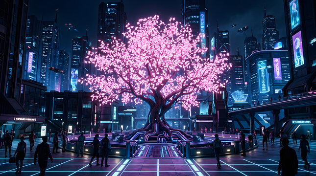 Glowing pink sakura tree in futuristic cyberpunk city plaza at night