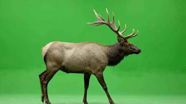 Majestic elk with large antlers walking slowly across a vibrant green screen background for easy keying and post production