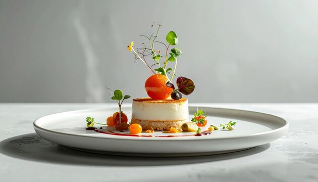 Elegant Gourmet Dessert with Fresh Berries and Microgreens on a Minimalist White Plate