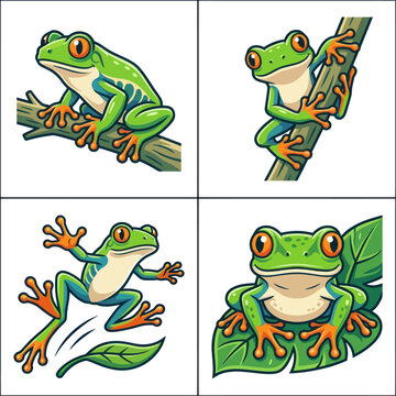 Colorful Cartoon Frog Sitting Postures.