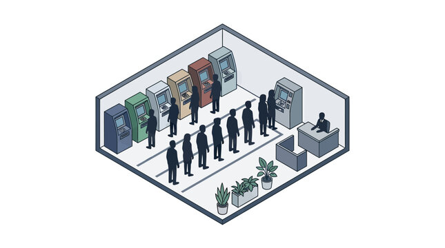 Isometric Illustration of People Queuing at Automated Teller Machines in Bank