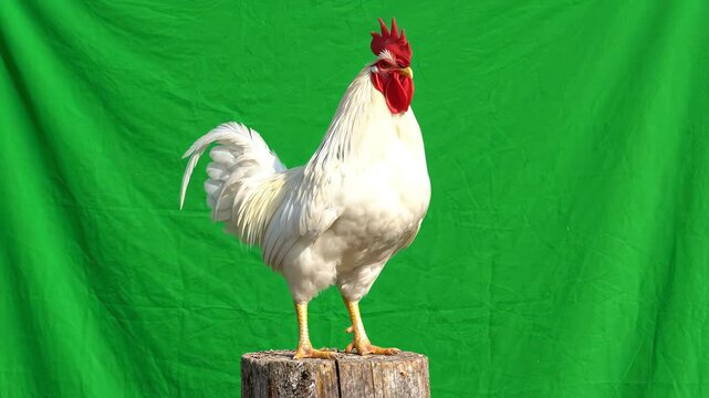Majestic farm rooster with vibrant red comb crowing loudly while standing on a wooden post against a solid green screen background