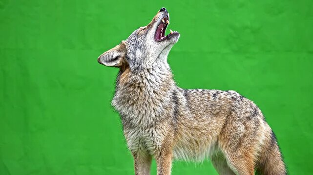 Majestic coyote standing on green screen background tilting head back and howling loudly while its fur moves in a light breeze