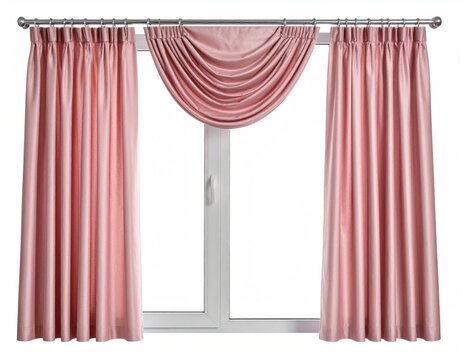 Elegant pink draped window curtains and valance on white background