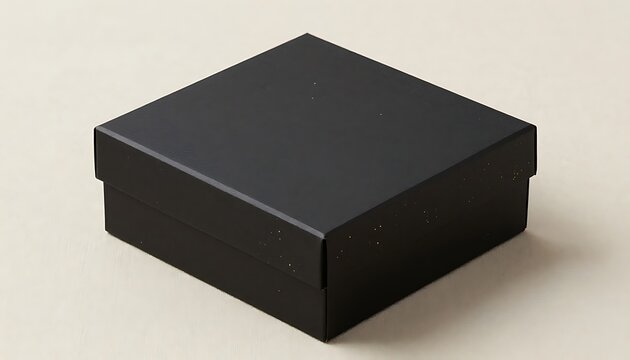 A small, matte black square box with a lid is placed on a light, speckled surface, perfect for jewelry or gift packaging.