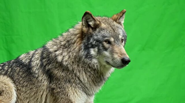 Majestic gray wolf sitting calmly against a bright green screen background looking around with attentive eyes and subtle ear twitching