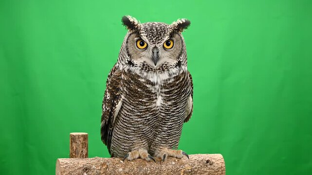 Majestic great horned owl turning its head and blinking while perched on a studio stand against a solid chroma key green screen background