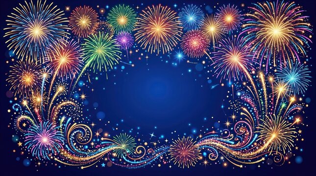 A vibrant fireworks display against a dark blue background, featuring a variety of colorful fireworks in different shapes and sizes.