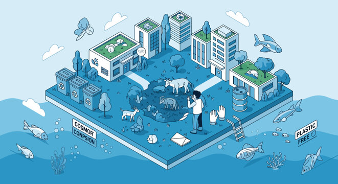 Sustainable city with green buildings and clean environment illustration.