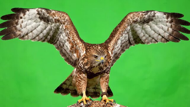 Majestic hawk landing with wings spread wide against a bright green screen background for chroma key compositing