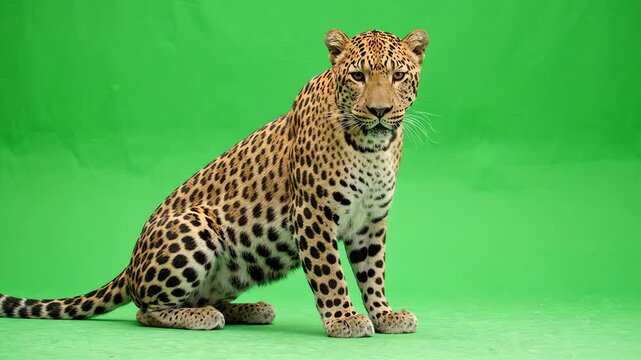 Majestic leopard sitting calmly on a bright green screen background looking around with tail twitching slightly
