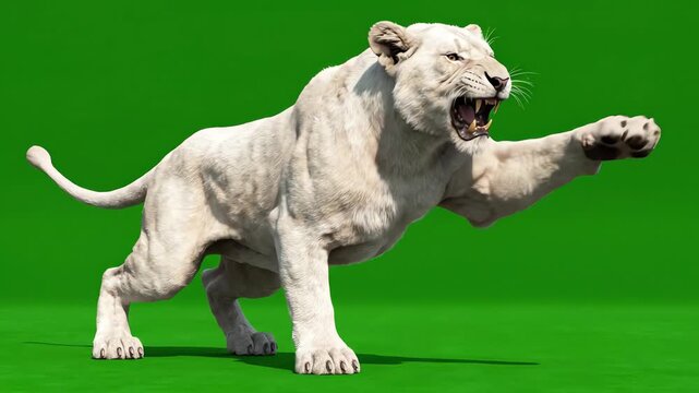 Majestic lion pouncing and swiping paws with aggressive roar against chroma key green screen background for visual effects