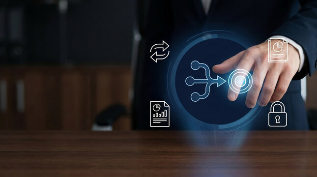 Business Concept of Data Integration and Strategy Consolidation with Businessman Hand Touching Digital Hologram Interface for Goal Achievement
