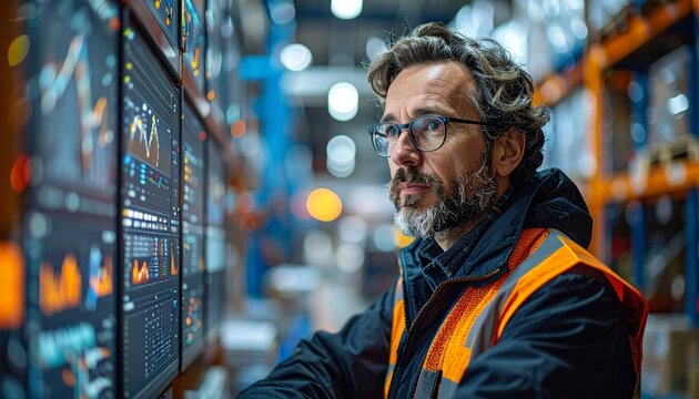 Warehouse manager analyzing logistics data and stock levels on digital dashboard screens