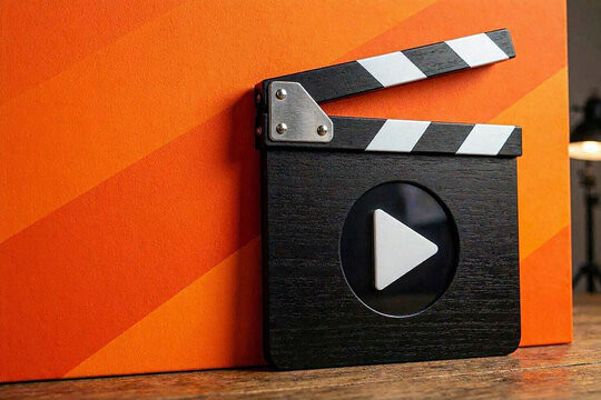 Black Movie Clapperboard with Play Button Icon on Bright Orange Background