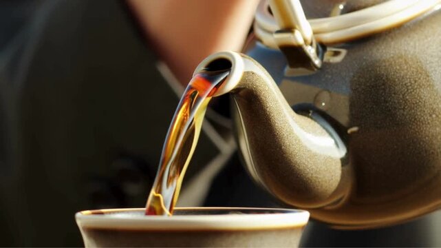 Traditional Teapot Pouring Hot Tea Into Ceramic Cup