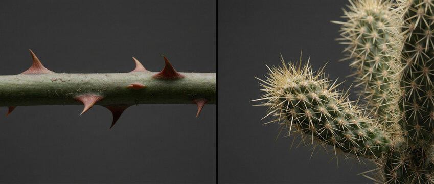 Thorns and spines on plant stems. Macro botanical details of sharp cactus needles and rose.