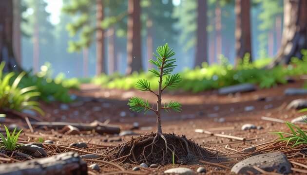 Pine seedling structure in forest. Young conifer plant growing in natural soil environment.