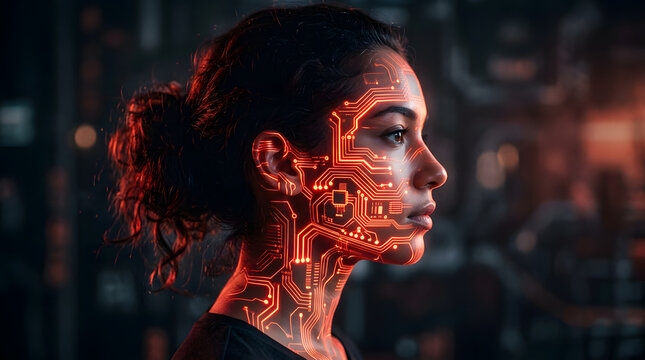 Futuristic woman profile with glowing red circuit board pattern on face and neck