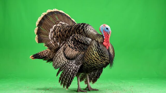 Male wild turkey gobbling and strutting its feathers against a vibrant chroma key green background for post production compositing
