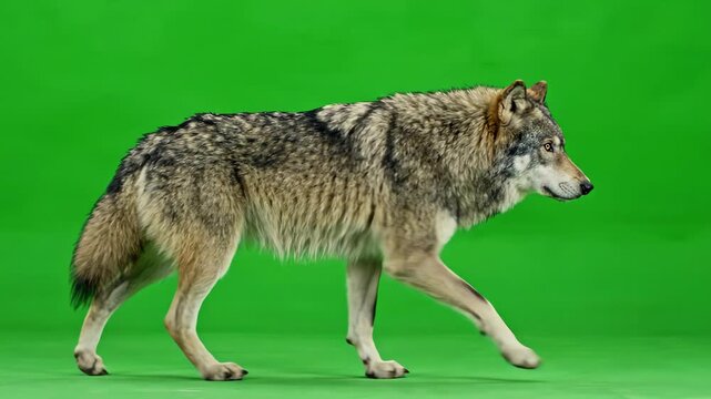 Majestic wild grey wolf walking across a vibrant green screen background for visual effects and compositing projects