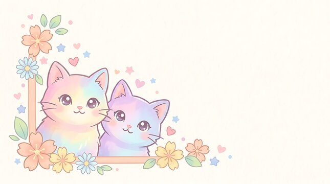 Two cute kittens cuddling in floral spring setting. Adorable cartoon cats snuggling on pastel blossom background.