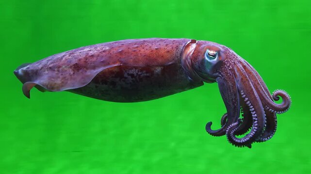 Massive giant squid swimming with tentacles undulating and rhythmic movements isolated on a bright green screen background