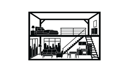 Minimalist black and white silhouette illustration of a modern two story loft apartment interior. © ardiansyah