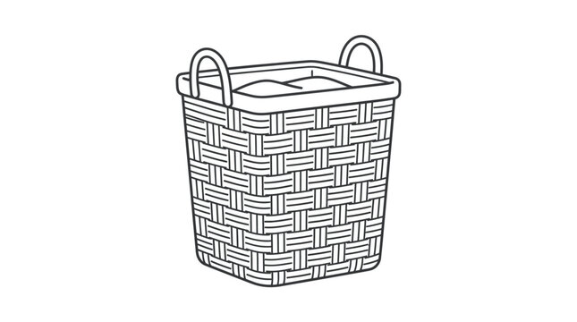 A simple black and white line art illustration of a woven laundry basket.